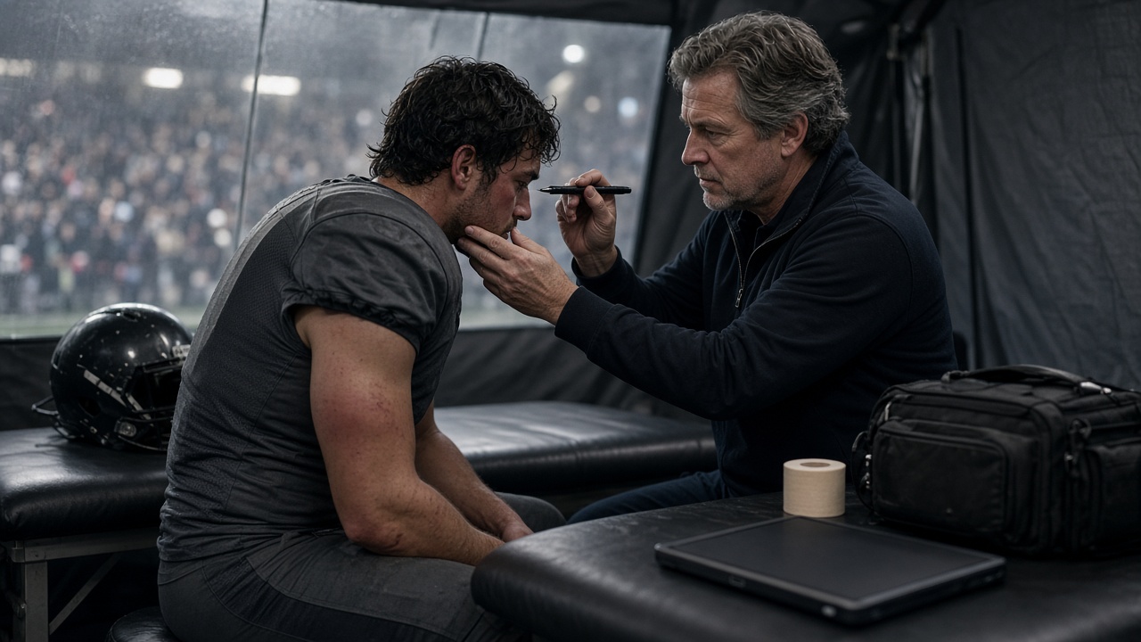 An athletic trainer examines a player in the sideline medical tent.