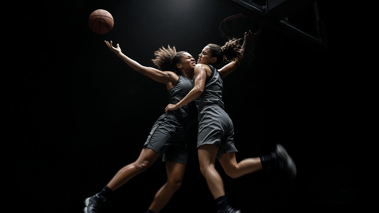 Two basketball players collide at the rim.