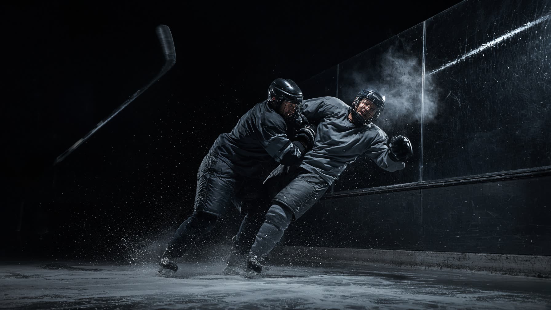 Two hockey players check along the boards.