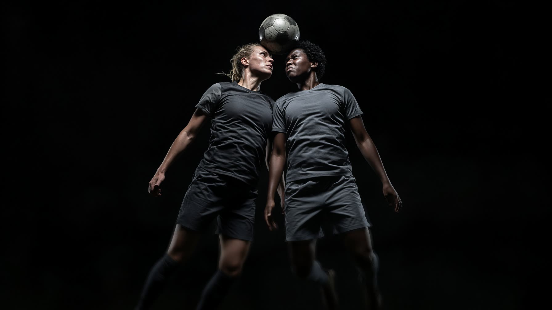 Two soccer players clash heads going up for a header.